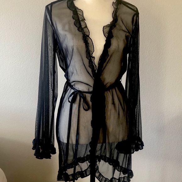 In Bloom by Jonquil Sheer Chiffon Wrap Robe, Black, XS-S - Picture 2 of 9